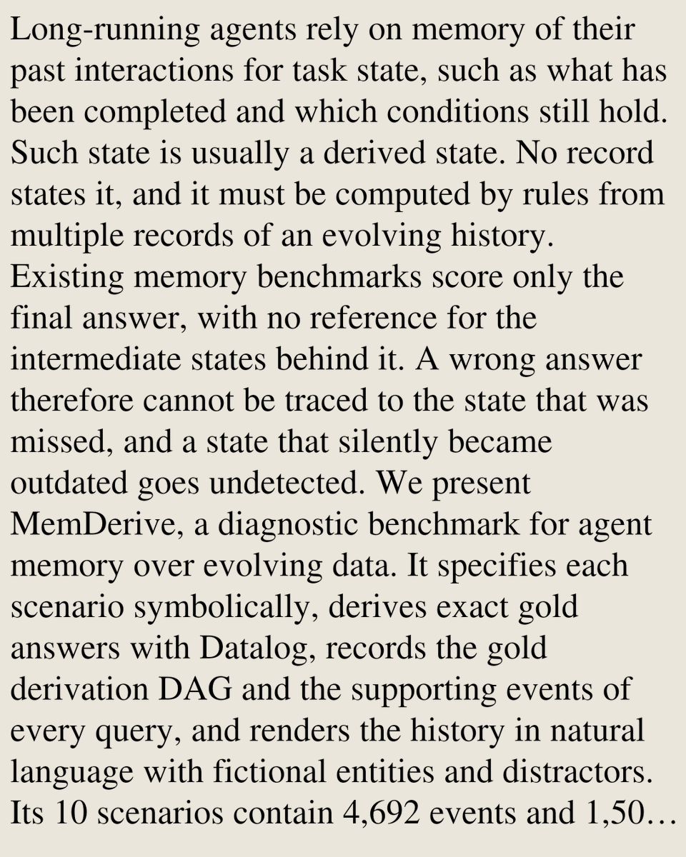 UFCS's tweet photo. MemDerive: A Diagnostic Benchmark for Agent Memory over Evolving Data

Sen Gao, Yongan Li, Han Chen, Bingsheng He, Ming Wu, Jason Zeng, Michael Heinrich, Shixuan Sun
https://t.co/Z4CwBRBSMN [𝚌𝚜.𝙳𝙱 𝚌𝚜.𝙰𝙸 𝚌𝚜.𝙲𝙻 𝚌𝚜.𝙸𝚁] https://t.co/batTIH1yKO