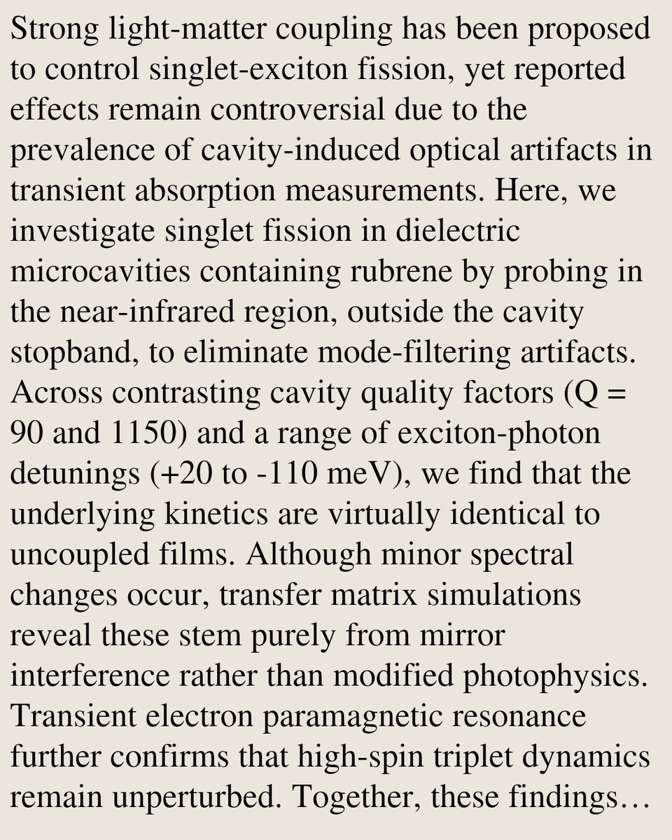 ChemPhyPapers's tweet photo. NIR-probe transient absorption on rubrene microcavities demonstrates no changes to singlet fission by strong coupling

Robert H. Gordon, James P. Pidgeon, Rachel C. Kilbride, Tingxiang Yang, Benjamin Stewart, Yan Chen, …
https://t.co/YH4Jv83zcK [𝚙𝚑𝚢𝚜𝚒𝚌𝚜.𝚌𝚑𝚎𝚖-𝚙𝚑] https://t.co/hmH901NCCp