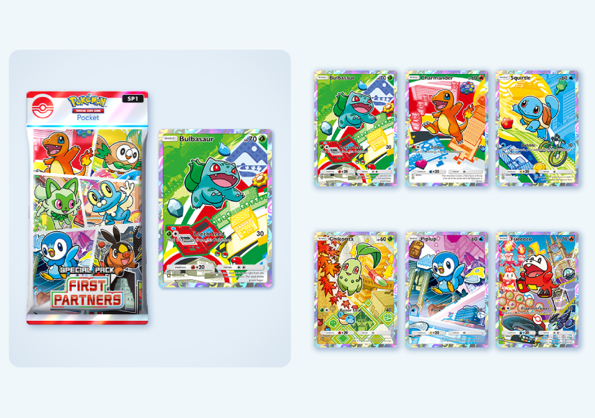 yuki_1chiban's tweet photo. 【ポケポケ】新たに「スペシャルパック」が登場！
 ︎
第1弾「はじまりのパートナー」には、歴代9地方の最初のパートナーポケモンが収録されます。
 ︎
✅ 1週間に1回、無料で開封可能
✅ 1パック1枚入り、★カード確定
✅ 一部を除き同レアリティ同士でトレード可能
✅ 今後は専用砂時計やミッションも追加予定
 ︎
イラストは本家ポケカの「30th CELEBRATION カードセット」と同じものが使われているようです。