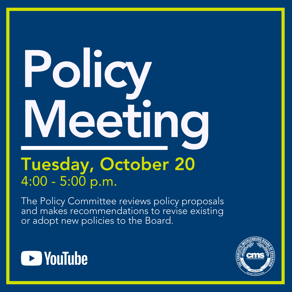 CMSboard's tweet photo. Join us via YouTube for this afternoon's Policy Committee meeting. https://t.co/1WMTNDl6qG
