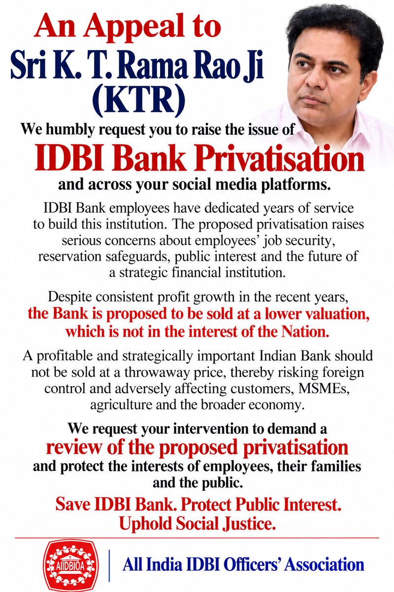 saveidbibank64's tweet photo. Post No.253#GOBACKFAIRFAX
WE, THE EMPLOYEES OF IDBI BANK, OPPOSE PRIVATISATION!
IDBI Bank is not just a financial institution,it is our livelihood, our professional identity, and a legacy built through decades of dedicated service @KTRBRS @BRSparty https://t.co/leRRBgCZvI