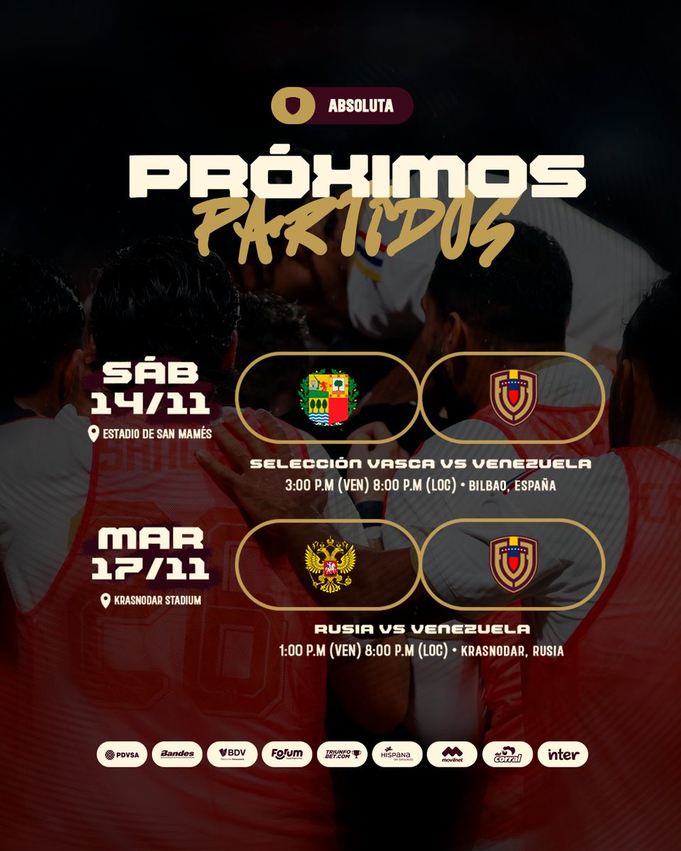 SeleVinotinto's tweet photo. 𝑼́𝒍𝒕𝒊𝒎𝒂 𝑭𝒆𝒄𝒉𝒂 𝑭𝑰𝑭𝑨 del año ⚽🌎

Enfrentaremos a la selección Vasca, como invitación en el marco de su 90º aniversario, y cerraremos nuestra gira europea ante Rusia en Krasnodar.

#SiempreVinotinto 🇻🇪 https://t.co/iSRSJ3N4dO
