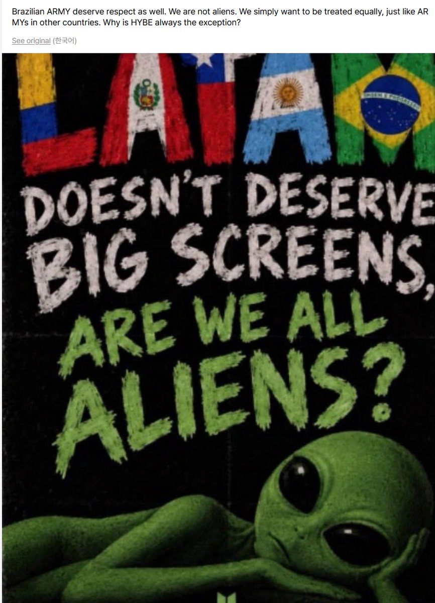 Aurorahi78's tweet photo. I’m genuinely disgusted by these people. BTS made “ALIEN” to call out the racism and discrimination they faced as Asians, and now these ass latam fans are using it against BTS over a screen,something that’s beyond their control.
please leave kind, supportive comments on Weverse. https://t.co/Cs4ksvOxTU