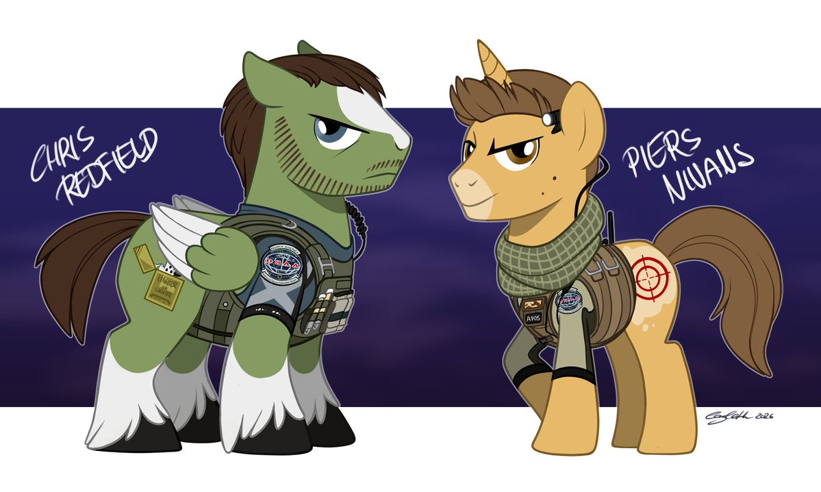 Cayleth's tweet photo. Inspired by the idea of @chrispupfield to turn Chris and Piers into MLP ponies.
I hope you like my take on them 😂

I tried to mimic the MLP art style as good as possible.

#ResidentEvil #ChrisRedfield #PiersNivans #myart https://t.co/FpUEdwJp6f