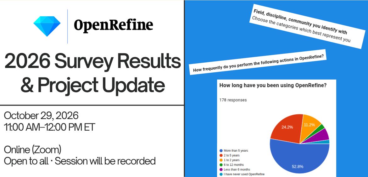 OpenRefine's tweet photo. Join us Oct 29 for the next #OpenRefine Community Call.

We’ll cover:
• 2026 survey results
• feature priorities + updated project goals
• project funding and sustainability

📅 Oct 29
🕚 11 AM–12 PM ET
💻 Online · Open to all 

https://t.co/7lWBKHqp9n https://t.co/qML2XdlhiR