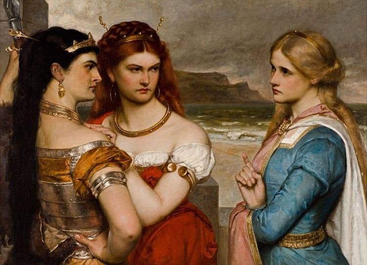 relicstories's tweet photo. The face you make when your toxic siblings are teaming up against you to inherit the entire estate. 😒

On the left, Goneril and Regan pool their malice.On the right stands Cordelia, isolated, plain, and speaking her uncomfortable truth.

~Gustav Pope’s The Daughters of King Lear https://t.co/Rpbfd5sBhf