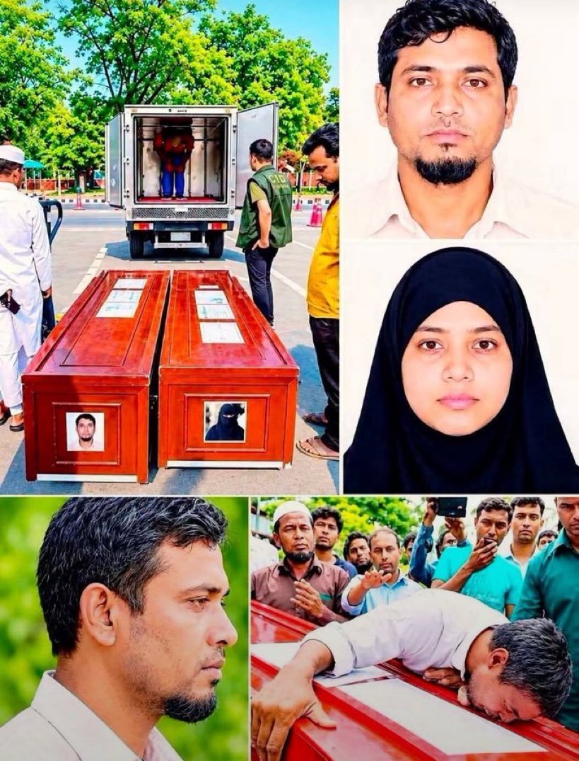 RaulAragonLoya's tweet photo. <<Después de que una pareja de Bangladés fuera decapitada y sentenciada a muerte en Arabia Saudita, sus cuerpos llegaron a Bangladés y se les realizó el funeral final.

Se ha sabido que ambos tenían una hija de 8 años que ahora se ha quedado huérfana.

Ahora, Arabia Saudita ha presentado la secuencia completa de eventos en el caso de la sentencia de muerte de la pareja de Bangladés.

Una pareja de Bangladés, marido y mujer, viajaron a Arabia Saudita para realizar el Umrah.

En una mezquita de La Meca, rezaron la oración y, emocionados, se abrazaron el uno al otro y se besaron.

Y mientras hacían todo esto, había lágrimas en sus ojos; obviamente, se trataba de un sueño cumplido al llegar para el Umrah, por lo que no lo hicieron por obscenidad, sino por pura emoción.

Y un paquistaní grabó su video y lo viralizó, y por eso les cortaron la cabeza.

Esta mentalidad de que Dios se enojará por un beso entre dos personas y se alegrará por cortarles el cuello es la mayor enfermedad del extremismo.

Por un lado, dicen que el Islam es la religión de la paz, y por el otro, ¿decapitación por un reel, por un beso?

¿Es la mezquita de La Meca un lugar de adoración o un matadero para tu ego?

Si Dios es tan débil que un amor entre dos personas contamina su mezquita, ¿qué clase de Dios es ese? ¿Por qué Dios necesita tu espada para protegerse?

No mataste a dos personas, demostraste que tu mentalidad sigue atrapada en el desierto del siglo VII.

Donde el amor es pecado y el asesinato es justicia.

Y luego dicen que el mundo es islamofóbico: el mundo teme tus actos, no tu religión.

La hija se quedó huérfana, dos familias destruidas, ¿y creíste que salvaste la religión? No salvaste la religión, exhibiste tu barbarie.>>
#SaudiArabia #BangladeshiCouple