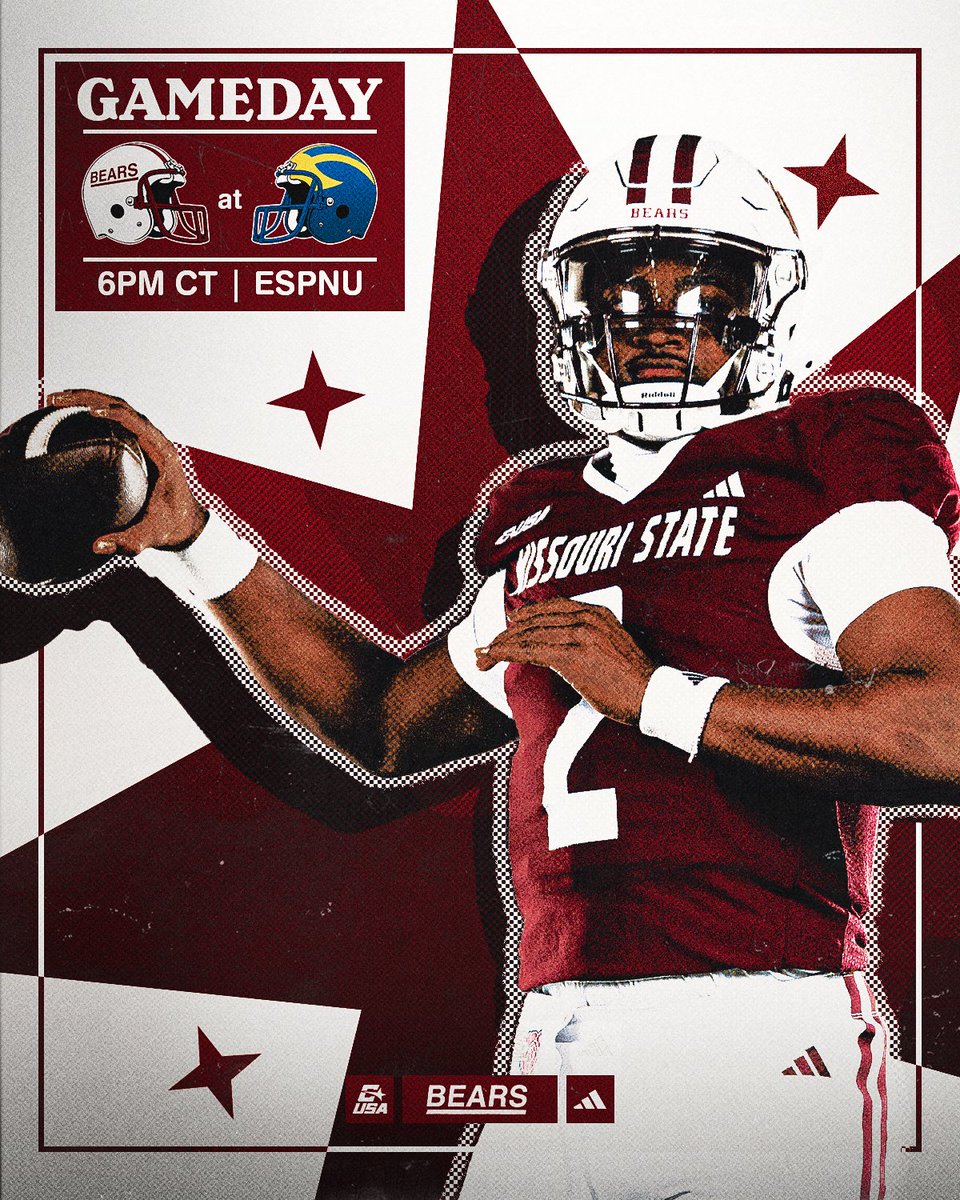 MoStateFootball's tweet photo. GAMEDAY ‼️

🆚 at Delaware | 6:00 p.m. CT
📍 Delaware Stadium | Newark, Del.
📺 ESPNU | https://t.co/FLvDbifSPq
📱 https://t.co/te3s7NY1Ur
📻 https://t.co/FQ7AKxsy22
📊 https://t.co/3KZbpU2rAa

#ItTakesUsAll | #NoStateLikeMoState https://t.co/AsH7PFh0GA