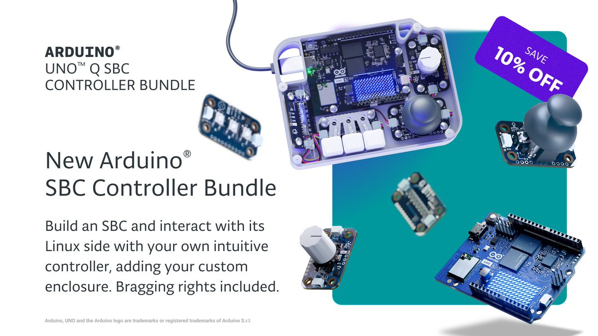 arduino's tweet photo. Control your single-board computer like a pro! 

Build an SBC and interact with its Linux side with your own intuitive controller, adding your custom enclosure. Bragging rights included.

Get your Arduino UNO Q SBC Controller Bundle now: https://t.co/qSnNh6vc92 https://t.co/t0kqTBnxXu