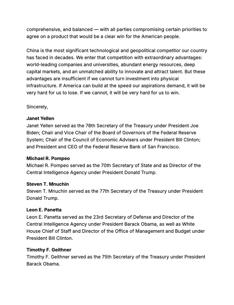 AlecStapp's tweet photo. NEWS: 19 FORMER ECONOMIC AND NATIONAL SECURITY LEADERS ENDORSE THE BIPARTISAN PERMITTING REFORM BILL

Today, a group of former Cabinet members and White House principals across seven Democratic and Republican administrations sent a letter calling on Congress to pass BAAJA. Here are the signatories:

Janet YELLEN, Michael R. POMPEO, Steven T. MNUCHIN, Leon E. PANETTA, Timothy F. GEITHNER, Henry M. PAULSON, Jr., Robert E. RUBIN, Stephen MIRAN, Jared BERNSTEIN, Tyler GOODSPEED, Jason FURMAN, Glenn HUBBARD, Laura D’Andrea TYSON, Michael J. BOSKIN, Jeffrey ZIENTS, Jake SULLIVAN, Brian DEESE, Larry KUDLOW, Allan B. HUBBARD

Key highlights from the letter:

1. “We are not building infrastructure fast enough to remain globally competitive… The median time for a new power plant to move from an interconnection request to commercial operation has more than doubled, from less than two years for projects built between 2000 and 2007 to more than four years for projects built between 2018 and 2024.

2. China has built more high-voltage transmission in the last fifteen years than the U.S. has built in all of its history... In 2024, China accounted for 31.5% of global knowledge- and technology-intensive manufacturing value added, compared with 20.7% for the United States.

3. Federally funded or permitted projects require NEPA review, but private projects often do not, creating a threat of failure precisely where the government is trying to be proactive, strategic, and engaged.

4. A project that spends years awaiting approval must continue carrying development and financing costs while remaining exposed to rising input costs. The IEA reports that prices for utility-scale transformers increased 26% in 2024, while lead times for some transformers have stretched as long as six years.

5. Mining projects also face tremendous uncertainty: a 2026 study by researchers at the Colorado School of Mines found that permitting for modern mining projects takes an average of 5.5 years, rising to 8.9 years for contested projects. The U.S. currently has the second-longest mine development timeline in the world.

6. The Bipartisan American Affordability and Jobs Act is the most significant bipartisan legislative effort that Congress has undertaken in decades to tackle these challenges.

7. BAAJA addresses key constraints stifling American industry by requiring interregional transmission planning, strengthening the federal backstop for nationally significant transmission lines, and creating a faster, more predictable process for connecting new generation to the grid.

8. BAAJA also makes permits more durable by imposing tighter timelines for litigation and limiting frivolous lawsuits that can halt projects indefinitely, while preserving community input and judicial review of substantive agency decisions.”

The letter was organized by @arnabdatta321 on behalf of @IFP and covered exclusively by the WSJ this morning.