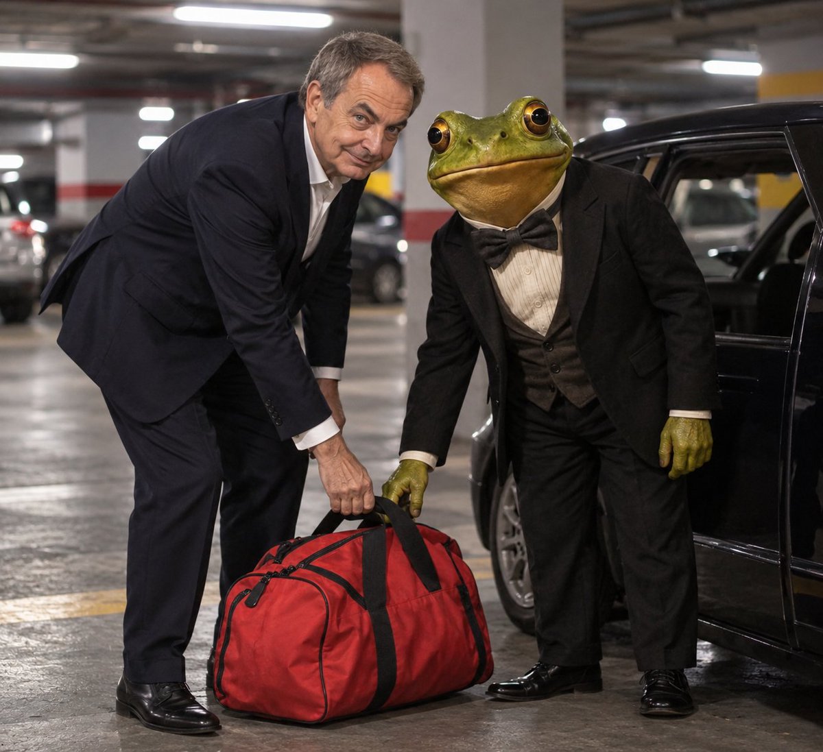 InfoPepino24's tweet photo. Acaban de llegar estas imágenes a nuestra redacción.

En ella se ve al ex presidente del gobierno español, José Luís Rodríguez Zapatero, al candidato del Partido Cortinista, Juan Camuñas y a su pareja ocultando una bolsa de deporte.

¿Qué contiene esa bolsa señor Camuñas? https://t.co/k6LbdbKjJl