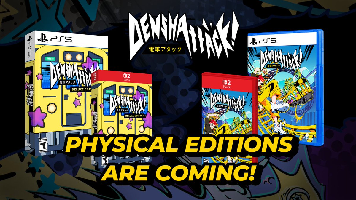 Denshattack's tweet photo. 💿 Denshattack! is going PHYSICAL!

🎮Standard and Deluxe Editions  for Switch 2 &amp; PS5 with @Fangamer.
🎶OST on Vinyl AND CD with @Kidkatana
👕New merch!

Links coming soon!
https://t.co/moysQlUPTk https://t.co/boKXi4S1lW
