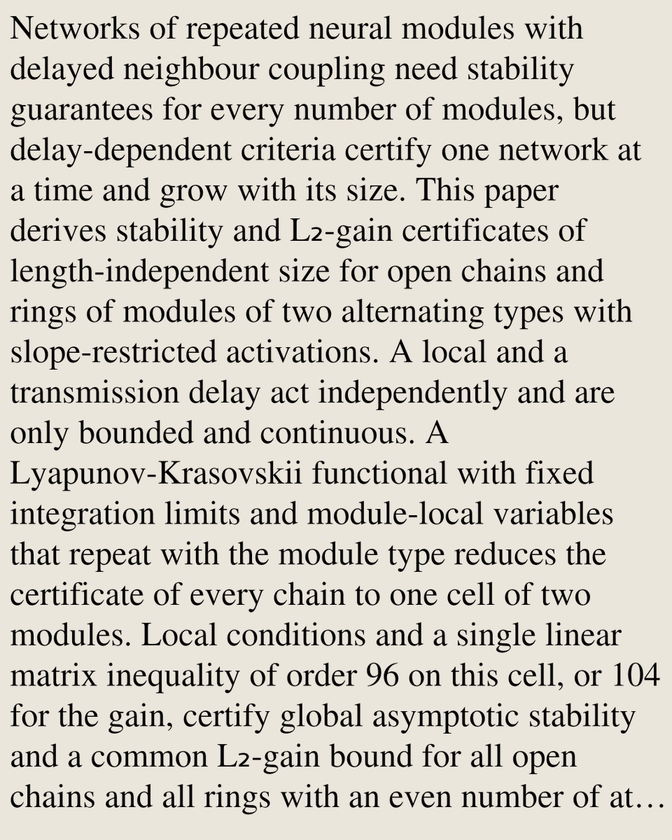 TAL's tweet photo. Length-Independent Stability and L₂-Gain Certificates for Chains of Delayed Neural Modules

Ömer Faruk İşcanlı
https://t.co/aBCy0IvkHi [𝚌𝚜.𝙽𝙴]
💬Submitted to IEEE Transactions on Systems, Man, and Cybernetics: Systems https://t.co/LeyBeMomft