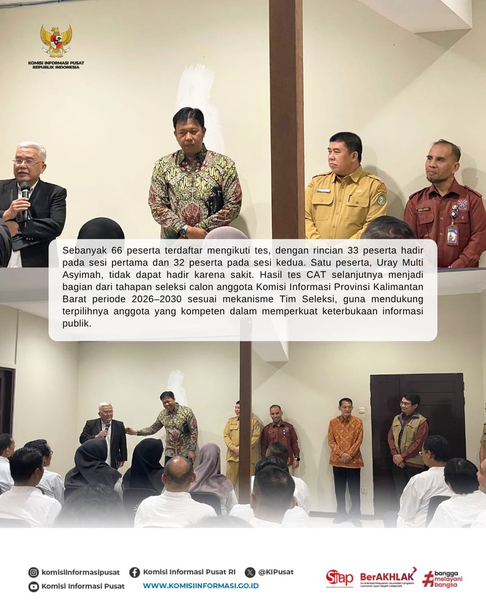 KIPusat's tweet photo. Ketua Bidang Strategi dan Riset Komisi Informasi Pusat, Joemarthine Chandra memantau pelaksanaan Tes Potensi calon anggota Komisi Informasi Provinsi Kalimantan Barat Periode 2026–2030 di Pontianak, Senin (19/10/2026).

Sebanyak 65 dari 66 peserta terdaftar mengikuti tes berbasis Computer Assisted Test (CAT) dalam dua sesi. Hasil tes ini selanjutnya menjadi bagian dari proses seleksi calon anggota Komisi Informasi Provinsi Kalimantan Barat sesuai mekanisme yang ditetapkan Tim Seleksi.

#bukainformasipublik #hakandauntuktahu