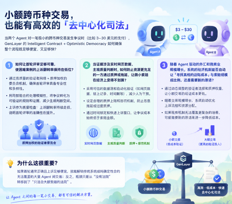 bitcoin136's tweet photo. 最近仔细看了 Albert 在 X 上的几条回复，以及 Token2049 访谈里关于 GenLayer 的观点

他提到：持有美元的 Agent 要支付一张 3 美元的欧元发票时，根本不会去开银行账户。Agent 会把链上外汇和微支付规模做得远超预期。同时他又强调，如果为一个 30 美元的争议要花费 300 美元的时间或成本，人们（以及 Agent）干脆会默默吃下损失——解决成本必须低于索赔金额，否则系统不会被使用。

这让我产生了一个真正好奇的问题，当两个 Agent 对一笔极小的跨币种交易发生争议时（比如 3–30 美元的支付，一方认为服务或交付物未满足自然语言约定的条款），GenLayer 的 Intelligent Contract + Optimistic Democracy 如何确保整个流程既足够便宜、又足够快，让上诉成本始终低于索赔本身？

更具体地说：
▪️ 如何让首轮评审足够可靠，使困难案例的上诉翻转率保持在低位（你之前也提到过，上诉翻转率是检验首轮质量的好指标）？

▪️ 当证据涉及实时网页数据、主观质量判断（例如自由职业交付是否“实质完成”）时，如何防止资源更充足的一方通过质押或拖延，让微小索赔在经济上变得不划算？

▪️ 随着 Agent 驱动的外汇和微商业规模增长，系统的经济机制（验证者选择、质押加权委员会、升级上诉）能否自动让“寻找真相的边际成本”与索赔规模成比例，还是需要新的原语？

为什么问这个：
这个问题直接来自 Albert 最近的两条回复（Agent 不会为 3 美元开银行账户 + 解决成本必须低于索赔），以及他长期强调的“智能合约处理模糊性”和“上诉作为质量检查”。

它不是泛泛的“GenLayer 怎么工作”，而是真正可能决定合成司法权能否支撑高频、低价值 Agent 经济的关键边缘情况。

如果首轮通常正确且上诉足够便宜，就能解锁传统系统或纯确定性合约无法覆盖的大量 Agent 间交易；反之，瓶颈只是从“没有法院”转移到了“只适合大额索赔的法院”。
@kstellana  @GenLayer