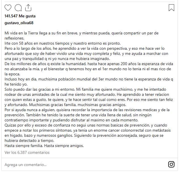 PalmaCarlota's tweet photo. Gustavo Oliva, referente del pádel nacional, dejó este bonito mensaje 12 días antes de fallecer de un cáncer colorrectal

Antes de partir, recalcó la importancia de seguir las recomendaciones médicas y revisiones periódicas

Con la salud NO SE JUEGA

DEP Gustavo ❤️‍🩹 https://t.co/lKPpXOgXWr
