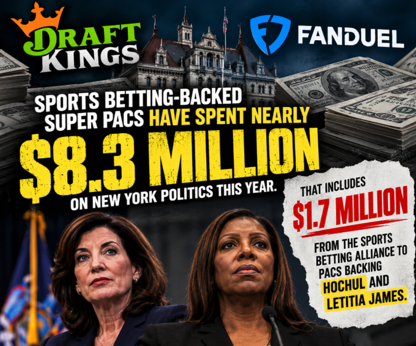 CasinosTracker's tweet photo. BREAKING: DraftKings and FanDuel backed interests are pouring millions into New York politics.

Sports betting-backed super PACs have spent nearly $8.3 million this year, including $1.7 million to PACs backing Hochul and Letitia James.

Money talks and they have a lot of it. https://t.co/KRZ5SfahrK