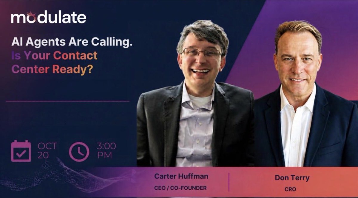 whuffman's tweet photo. Plot twist: Even at #MoSSummit, the AI agents won’t stop calling!🤖📞

Taking a quick Summit break today to go live with our @modulate_ai CRO Don Terry at 3PM ET!

On the agenda: AI callers, voice fraud and why hanging up on the future certainly isn’t the answer.

Join us on LinkedIn Live!🎙️⬇️

https://t.co/Ir4porbVW3