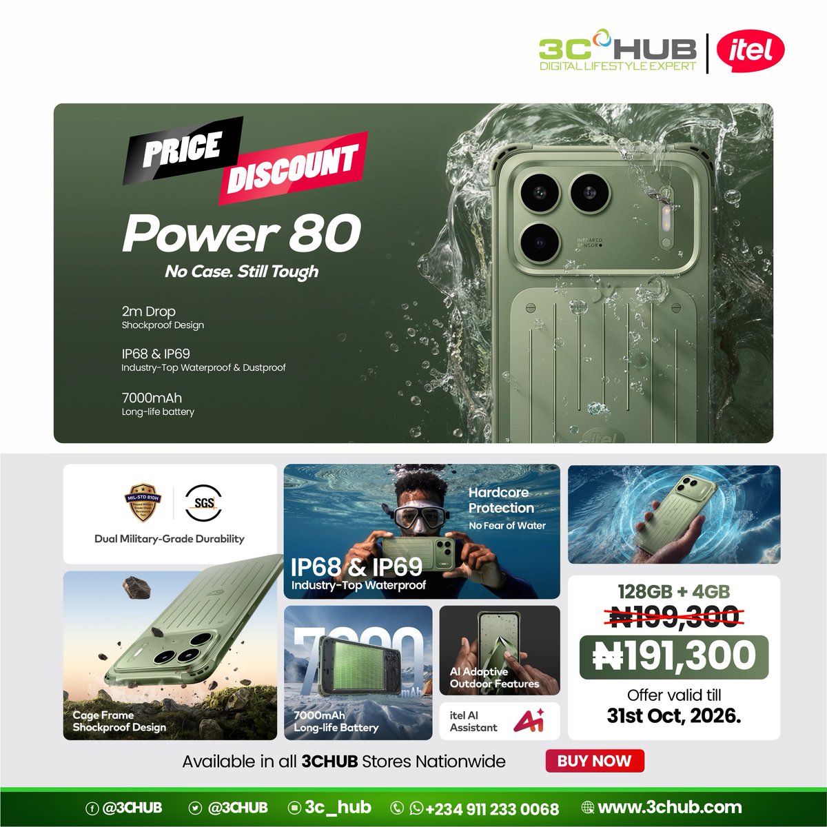 3CHUB's tweet photo. You’ve been buying a case for every phone you own. 

The itel Power 80 survives a 2m drop with its shockproof cage frame. No case. Still tough. 💪

Available in all 3CHUB stores. Buy now!

#itelPower80 #PriceUpdate #3CHUB https://t.co/uXnJUd3ltH