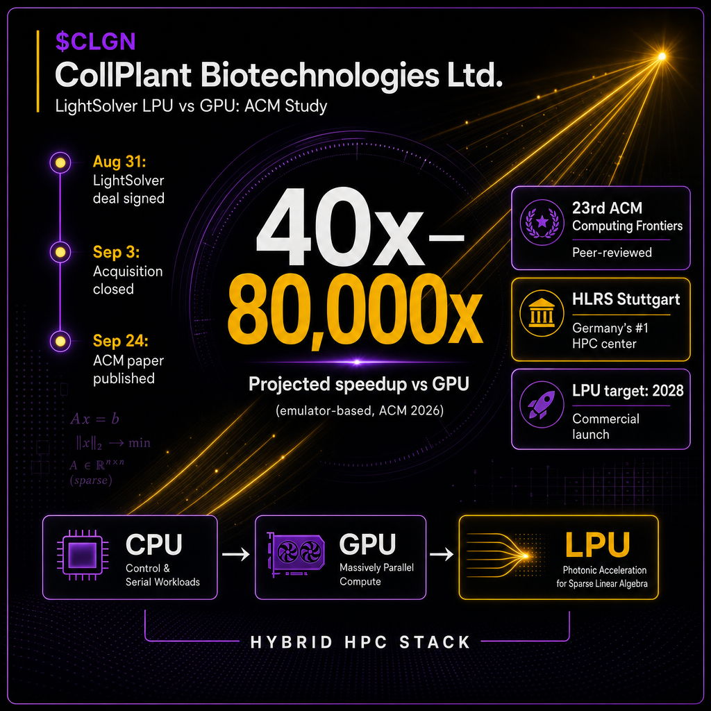 TheMarkObserver's tweet photo. $CLGN: 40x to 80,000x. That is the projected performance gap between LightSolver's Laser Processing Unit and a GPU, for the workload class that dominates computational fluid dynamics, structural mechanics, and materials science simulations.

https://t.co/YaGDOwcY5T

Those numbers come from a peer-reviewed ACM study published September 24, 2026, conducted jointly by LightSolver, a CollPlant subsidiary, and HLRS, the High-Performance Computing Center Stuttgart, which was established in 1996 as Germany's first federal supercomputing center. Researchers benchmarked an emulator of LightSolver's LPU architecture against established iterative GPU algorithms across large-scale sparse linear equation problems.

The workload is not niche. Linear systems underlie some of the world's most computationally intensive science: molecular dynamics, electromagnetics, finite element analysis. These problems dominate HPC runtime and energy cost. LightSolver's vision is a hybrid stack where CPUs handle orchestration, GPUs handle parallel tensor compute, and LPUs handle the linear algebra bottlenecks optically.

The next update will reveal whether a physical LPU system can replicate these emulator-projected speedups at the scale HLRS operates, the test that determines whether this architecture moves from scientific validation to procurement.

_
Disclosure: This content is not financial or investment advice. CollPlant Biotechnologies Ltd. is a paid subscriber to Wall Street Wire's coverage and distribution platform. Full disclosure: https://t.co/c2JcMjJfRE