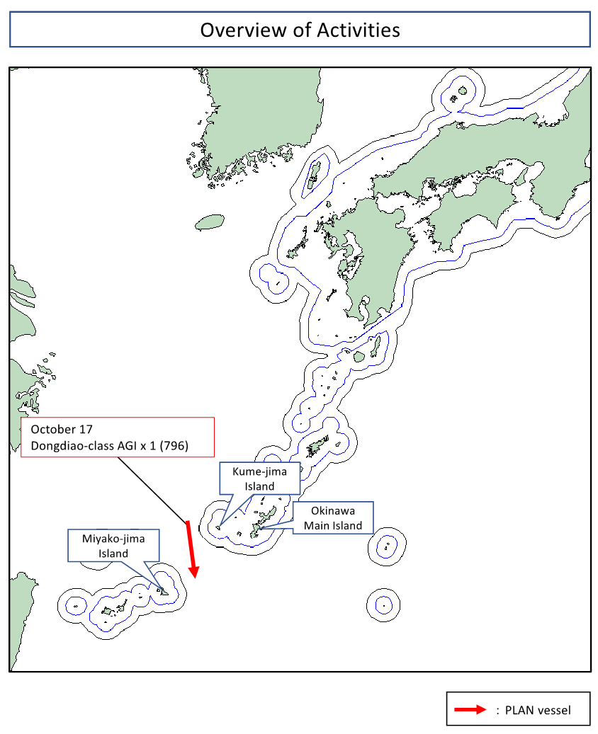 JapanJointStaff's tweet photo. At around 11:00 a.m., Saturday, October 17, 2026, JMSDF spotted PLAN Dongdiao-class AGI x 1 (hull number 796) sailing southward in the waters approximately 80 km northwest of Kume-jima Island. https://t.co/YyUDkzISiQ
