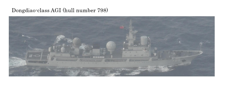 JapanJointStaff's tweet photo. At around 3:00 p.m., Saturday, October 17, 2026, JMSDF spotted PLAN Dongdiao-class AGI x 1 (hull number 798) sailing eastward in the waters approximately 100 km west of Kuchinoerabu-jima Island. https://t.co/cLUILQl7iN