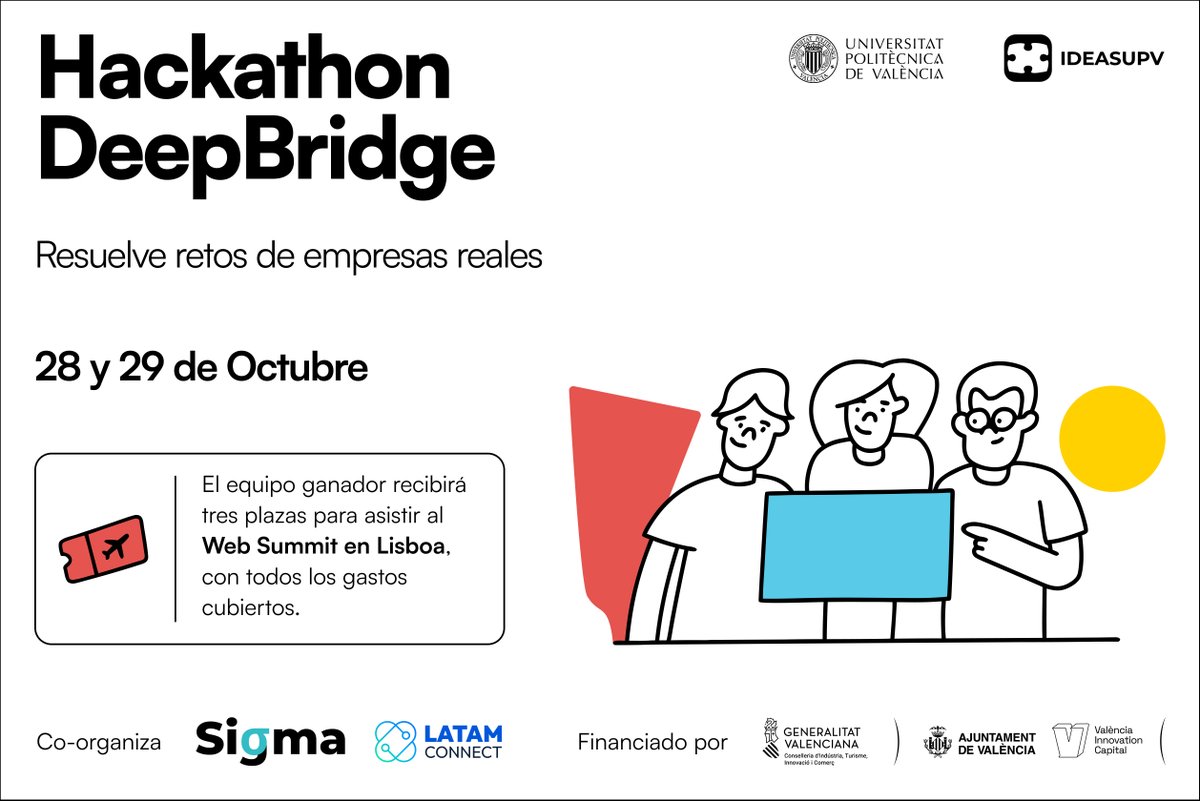 IDEASUPV's tweet photo. Empresas reales. Tecnología UPV. Talento universitario.

Premio: un viaje a Lisboa con todos los gastos pagados.

Eso es #DeepBridgeUPV.

📅 28-29 octubre 👉 Inscripciones abiertas: https://t.co/YDWZlotMIV https://t.co/dlKA68YKOE