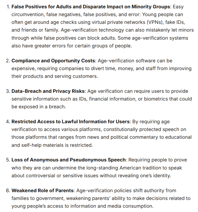 LabDRN's tweet photo. Age-gating the internet won't dismantle Big Tech's toxic business model - but it will strip away online privacy and security for millions of us.

Six reasons why online age verification is a guaranteed policy failure, from @CatoInstitute ⤵️ https://t.co/Dq8p4rC9Mj
