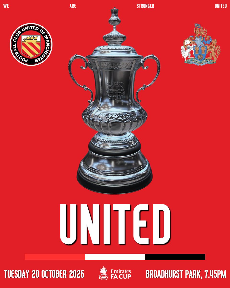 FCUnitedMcr's tweet photo. ⚽️ MATCHDAY

We host @altrinchamfc in our @EmiratesFACup Fourth Round Qualifying replay with a place in the First Round Proper at stake

Be a part of it and be our twelfth man at Broadhurst Park tonight

#WeAreStrongerUnited https://t.co/rHbfZuulyZ