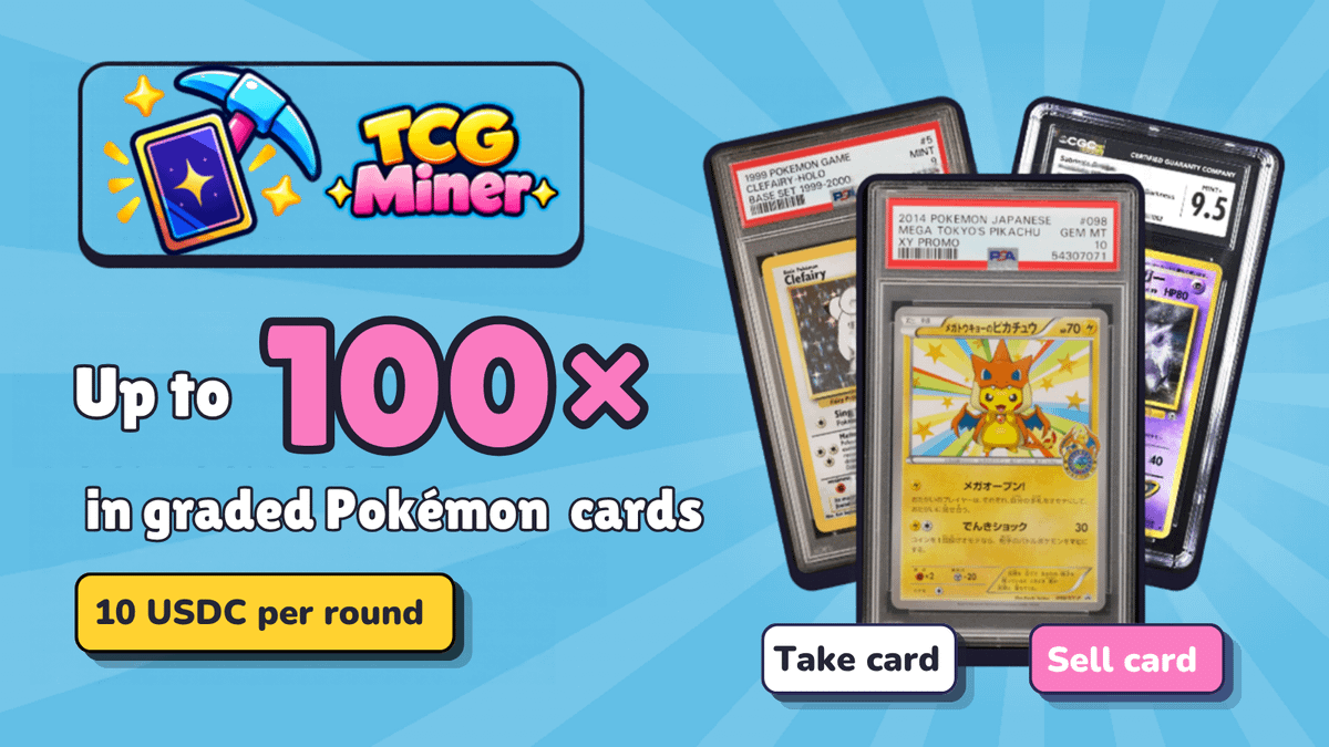 tcgminer's tweet photo. Start with 10 USDC. Climb for up to 100×

The higher you climb, the rarer the card waiting for you.

We can't move the bomb. Every map is locked before you pick, every round on-chain.

Whatever you pull is yours to keep, ship, sell for 85% of its value. https://t.co/g8uEwF67ft