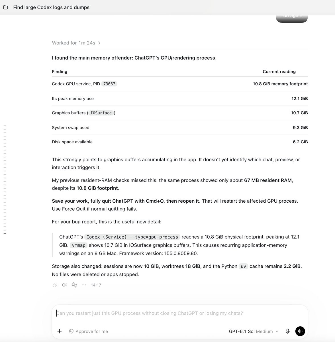nkhanna24's tweet photo. Something seems off with the ChatGPT macOS app. It keeps crashing my system, with reported memory usage reaching 40+ GB...

I even had Codex diagnose it, but still unsure of a permanent fix. A memory leak?

 @OpenAI @thsottiaux @OpenAIDevs could someone take a look? Happy to share more details with the right support team.