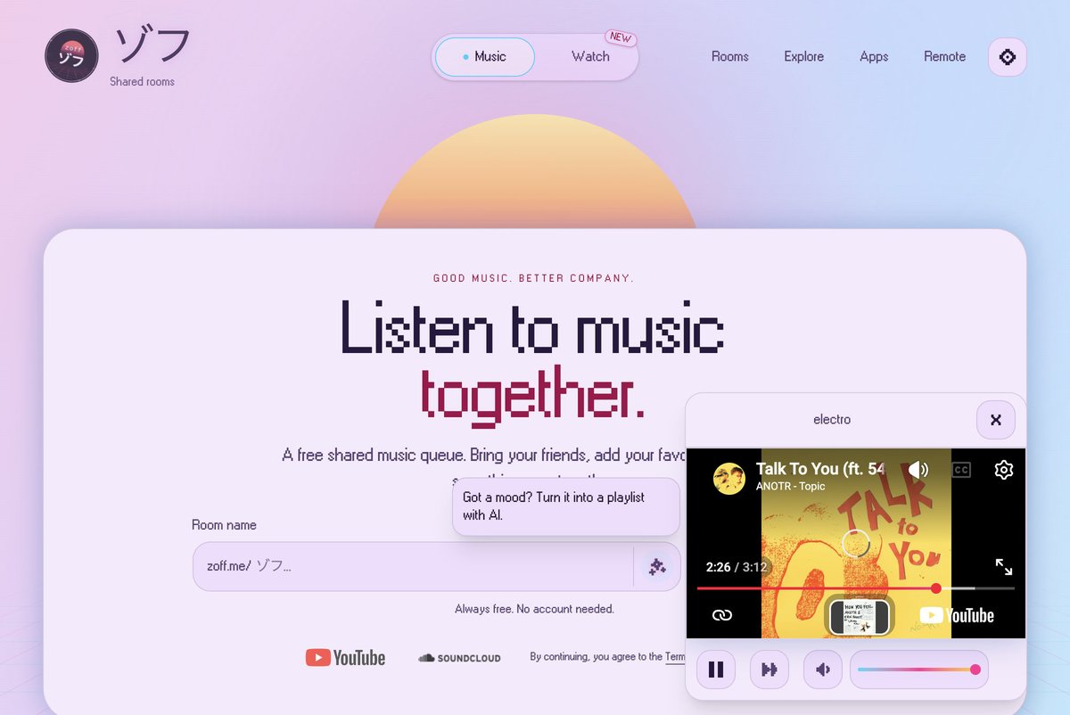 zoffmusic's tweet photo. you can leave the room without leaving the music now

persistent player shrinks it into a little corner player while you browse zoff https://t.co/3DZ64Adfjy