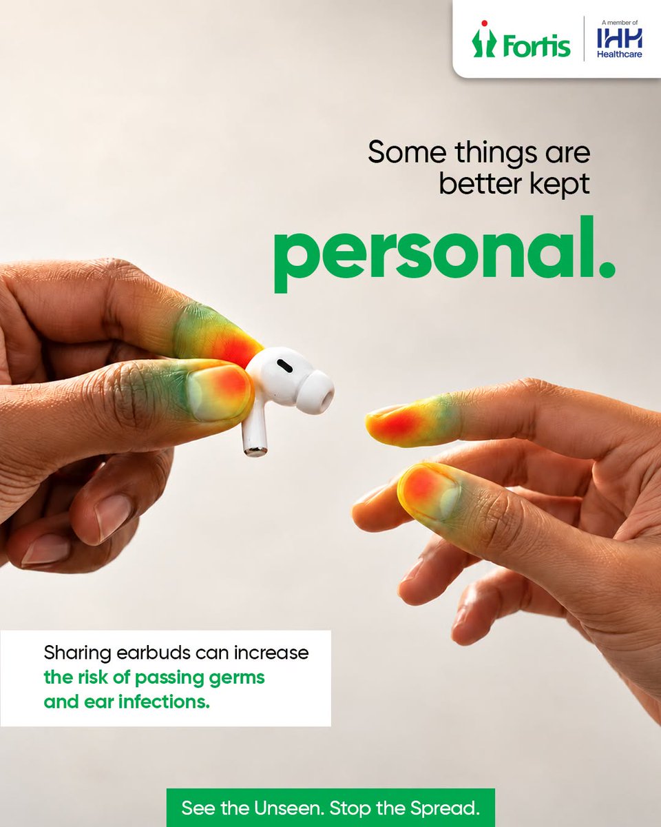 FortisJalandhar's tweet photo. Earbuds are personal for a reason! Sharing them can transfer germs and increase the risk of ear infections. Keep them clean and never share.
See the Unseen. Stop the Spread.
#InternationalInfectionPreventionWeek #PersonalHygiene #FortisHealthcare #AtFortisWeCare #IHHHealthcare https://t.co/mnGRXXWlTd