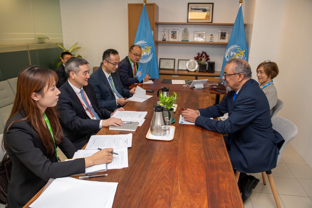 DrTedros's tweet photo. On the sidelines of the @WHOWPRO (Western-Pacific) Regional Committee meeting, I met with Zheng Zhe, #China's Vice Minister of the National Health Commission, to discuss the @WHO-China strategic dialogue, and negotiations on the Pandemic Agreement annex on Pathogen Access and Benefit Sharing. I reiterated WHO's commitment to the scientific process on COVID-19 origins, and asked for China's cooperation. #RC77