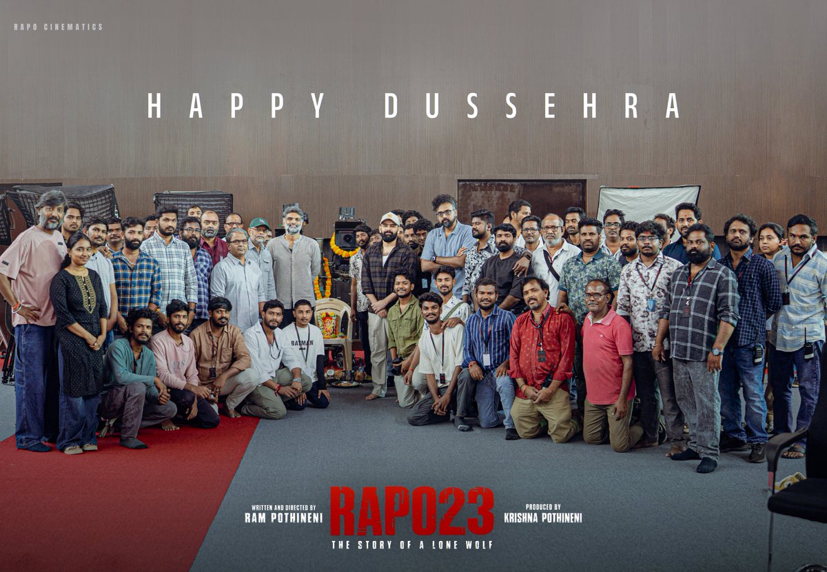 RAPO_Cinematics's tweet photo. Wishing everyone a very Happy & Blessed #HappyDussehra ❤️

#RAPO23 Shoot in Progress 💥

Written & Directed by #𝙍𝘼𝙋𝙊
Produced by Krishna Pothineni 
A @RAPO_Cinematics Production.

Energetic Star @ramsayz 🐺🖤 
@Riteishd @iamsamyuktha_ @SamCSmusic @DOP_Tirru #ASPrakash #KevinKumar @PeterHeinOffl