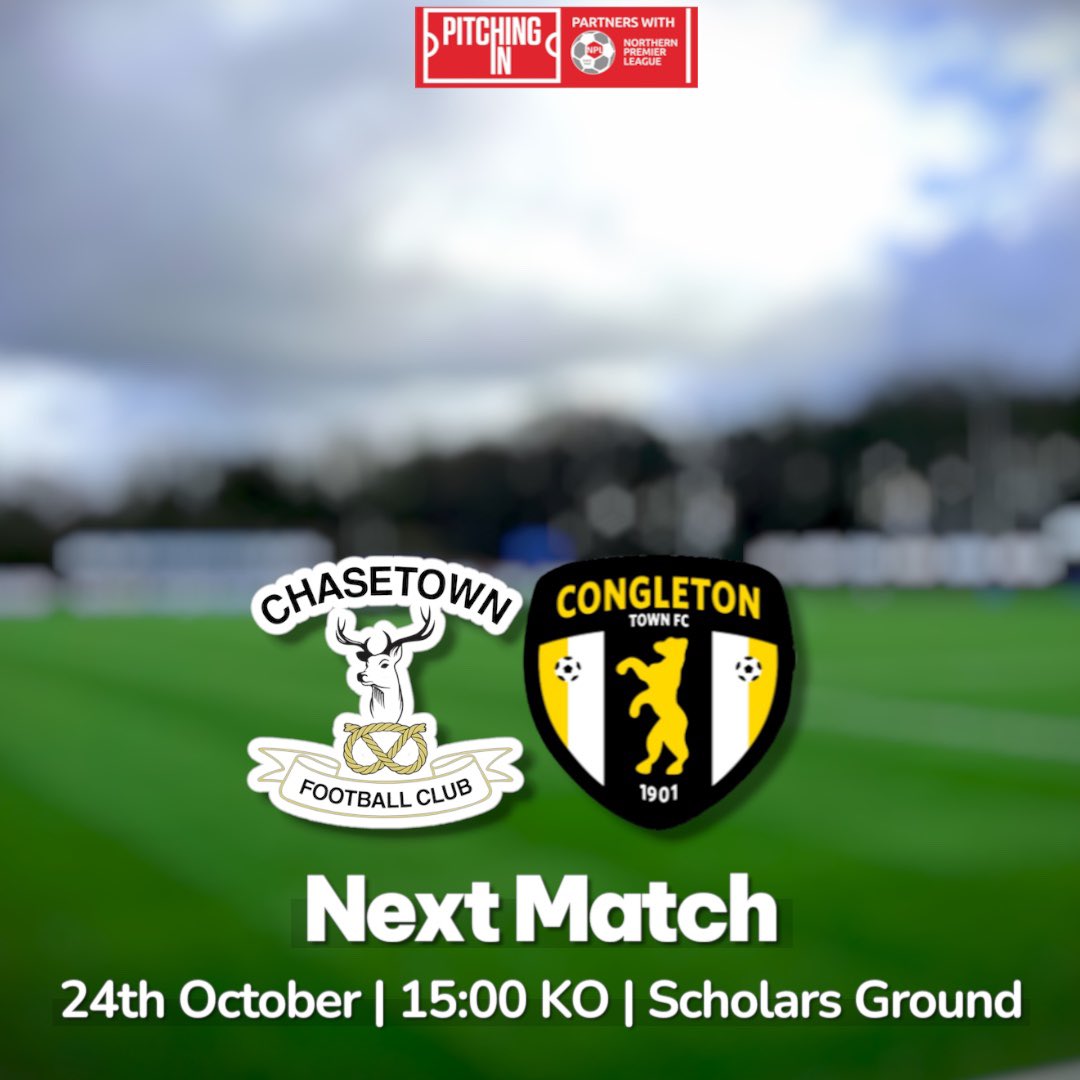 CongletonFC's tweet photo. NEXT UP ⚽️

🆚 @ChasetownFC1954 
🏆 @NorthernPremLge 
📆 24th October
🏟️ Scholars Green  
📍 WS7 3QL
⏱️ 15:00 KO 
💷 Adult £12, Concessions £8, U18s, U10s FREE

COME ON YOU BEARS 🐻 https://t.co/OvOARWOZua