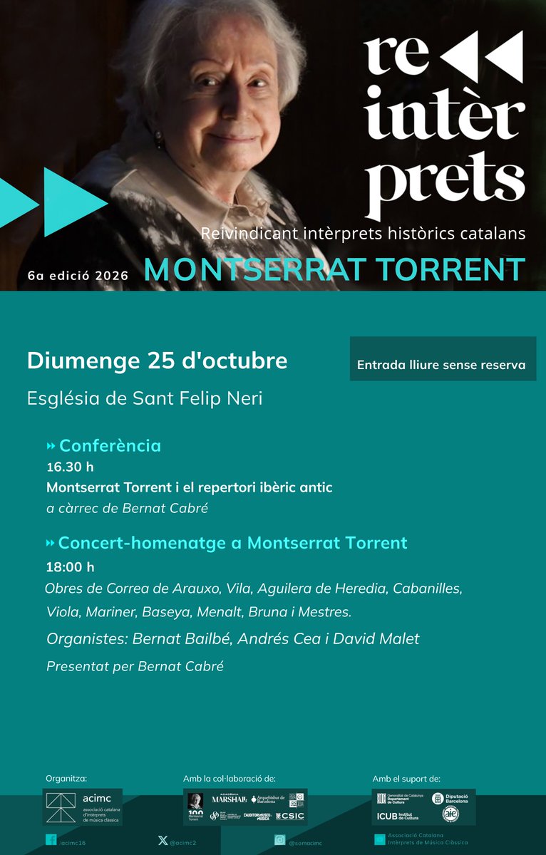 ACIMC2's tweet photo. 💥El diumenge 25 d'octubre a l'Església de Sant Felip Neri celebrarem una conferència i un concert d'homenatge a Montserrat Torrent dins de la 6a edició del Reintèrprets. 
➡️Conferència i Concert-homantge, 25 d'octubre. ENTRADA LLIURE sense reserva https://t.co/2NRxfqwzNl