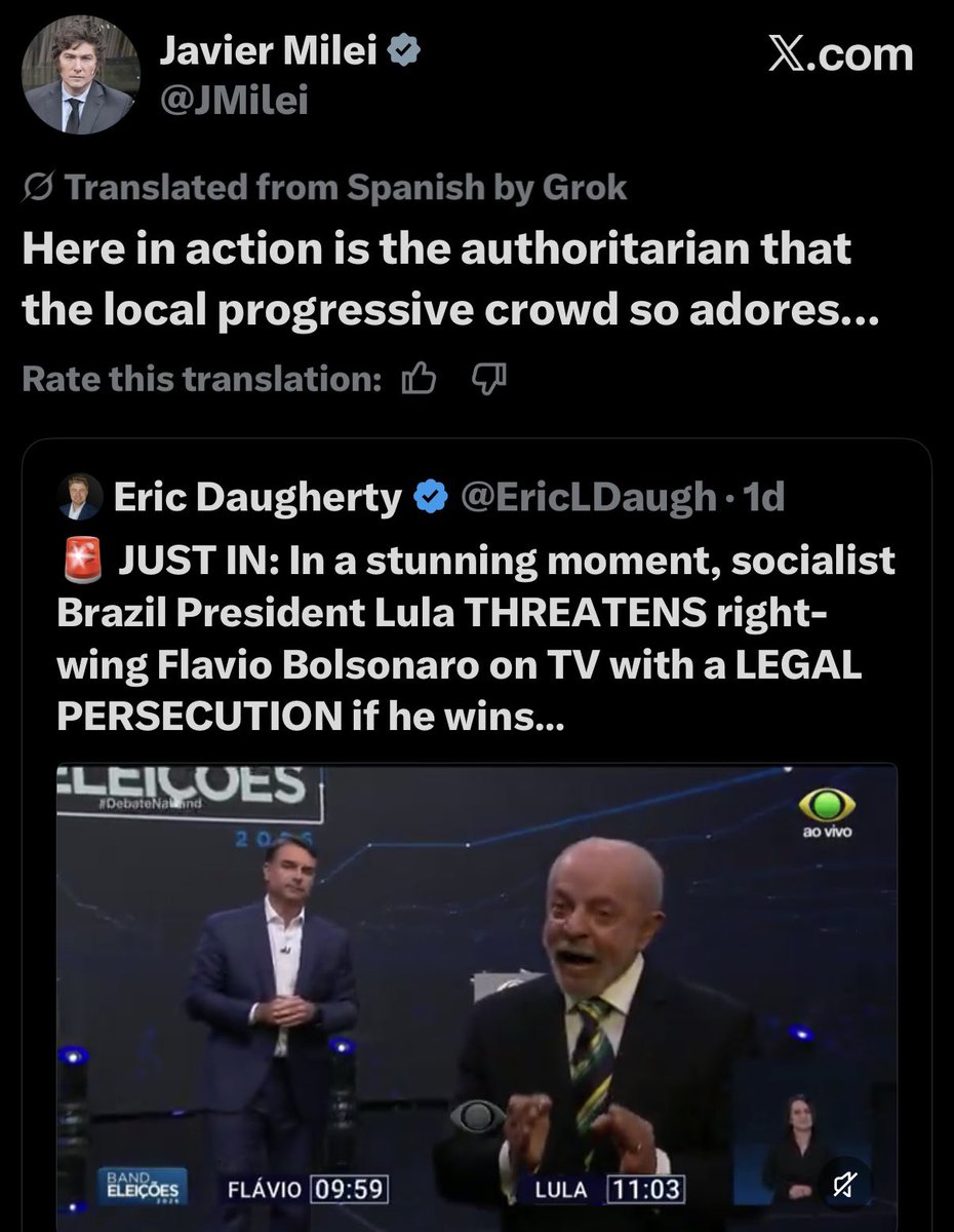 lordivan22's tweet photo. Brasil 🇧🇷: As ameaças feitas por Lula a Flávio Bolsonaro no debate repercutem internacionalmente, através de publicações do advogado @emd_worldwide , do presidente @JMilei e de comunicadores independentes nos EUA. https://t.co/kdiaCb5gI3