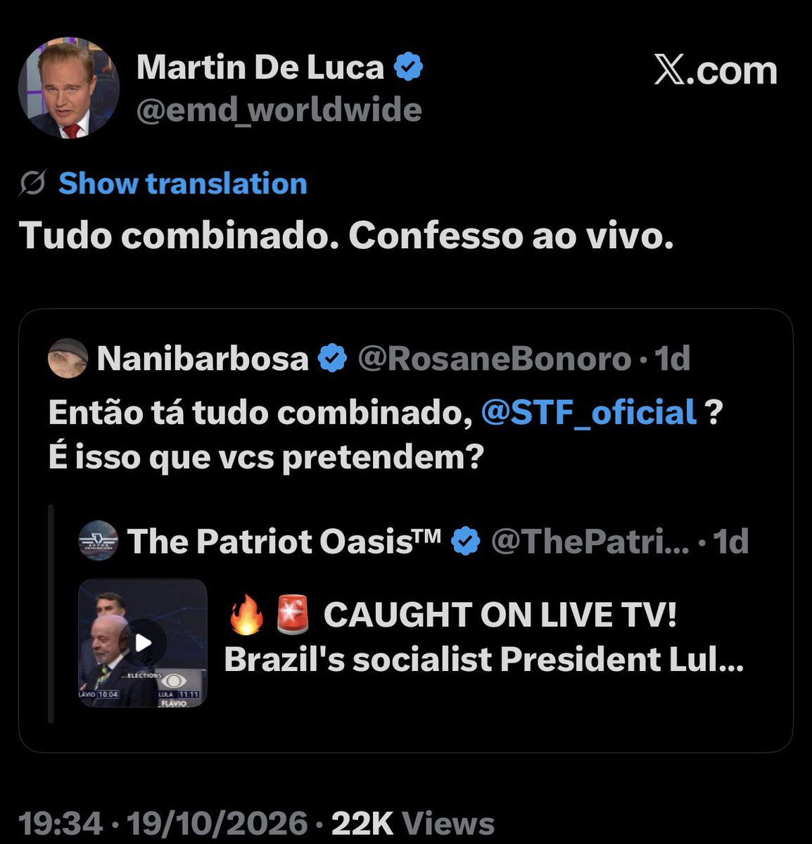lordivan22's tweet photo. Brasil 🇧🇷: As ameaças feitas por Lula a Flávio Bolsonaro no debate repercutem internacionalmente, através de publicações do advogado @emd_worldwide , do presidente @JMilei e de comunicadores independentes nos EUA. https://t.co/kdiaCb5gI3