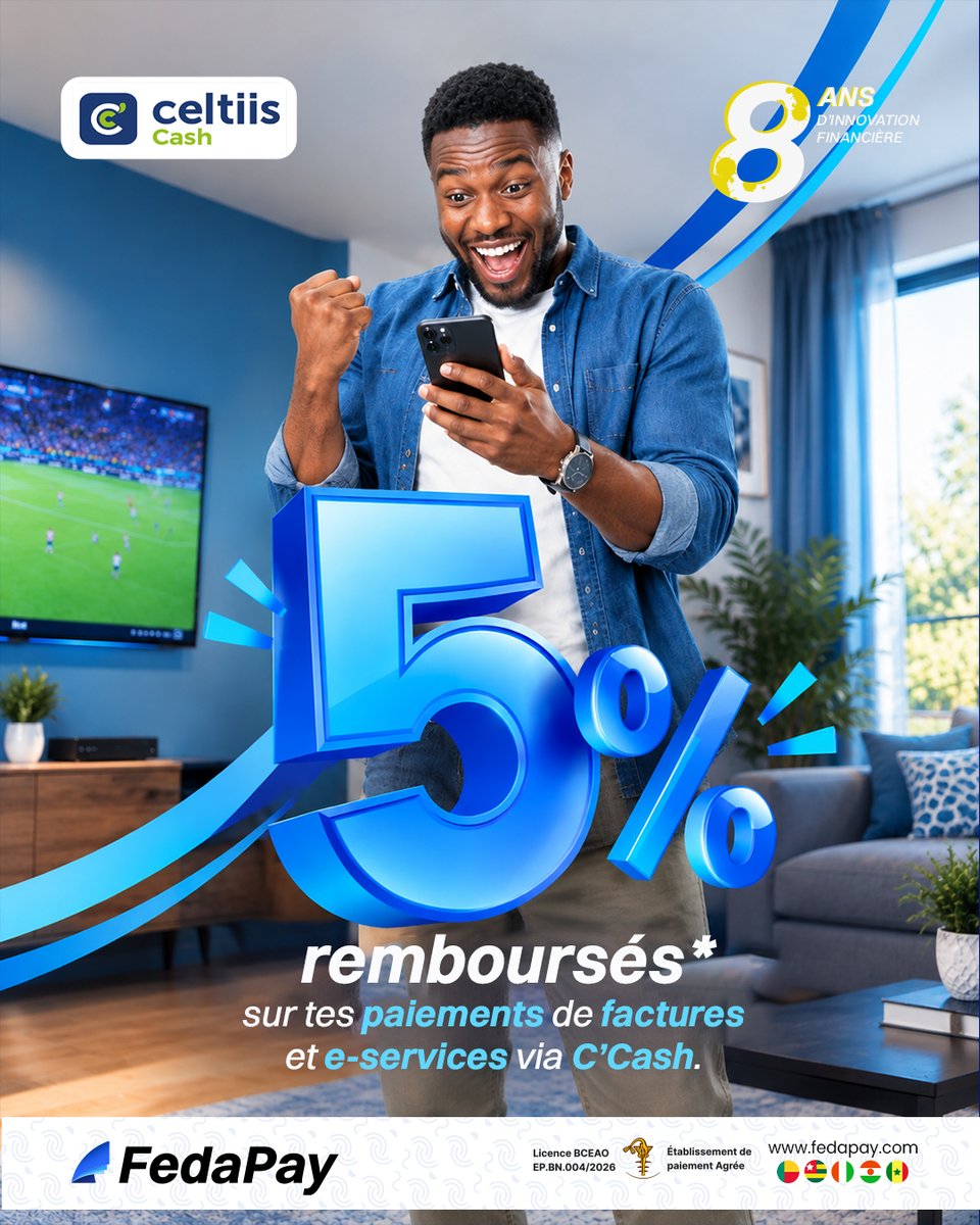 fedapay's tweet photo. 5 % remboursés sur vos paiements en ligne avec @fedapay  et Celtiis Cash ! 💙

Payez vos factures, TV et e-services via C’Cash et faites des économies au quotidien.

👉 Profitez-en dès maintenant !

#FedaPay #CeltiisCash #CCash #Bénin https://t.co/yZ3GgWMeoC