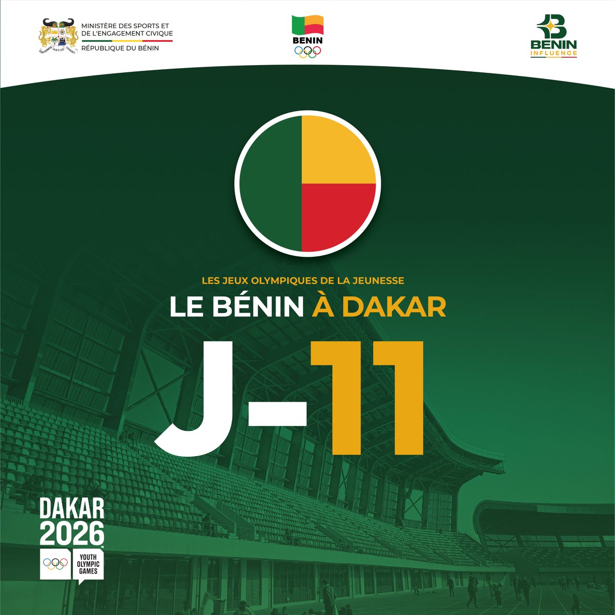 benininfluence's tweet photo. J-11🇧🇯
Plus que 11 jours avant le coup d'envoi des Jeux Olympiques de la Jeunesse Dakar 2026
Nos 7 athlètes porteront les couleurs du Bénin avec fierté et détermination 💪
Rendez-vous dès le 31 Octobre
#JOJDakar2026 #benininfluence #BéninÀDakar https://t.co/oLWJ5XLeIQ