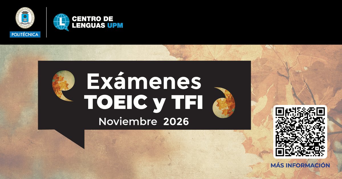 La_UPM's tweet photo. 🇬🇧🇫🇷¡Certifica tu nivel de inglés o francés y abre puertas para tu futuro profesional!
Apúntate a los exámenes TOEIC (20/11) y TFI (23/11) desde el Centro de Lenguas de la #UPM y obtén tu certificado oficial.
ℹ️https://t.co/c8Ez27SjT9
#somosUPM #nosoloingenieria https://t.co/zOoXvgVsFv
