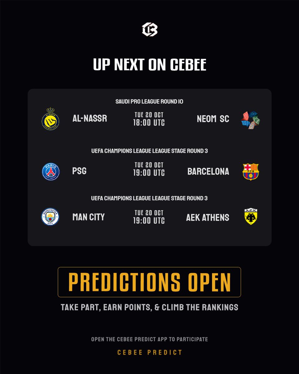 CeBeePredict's tweet photo. 🔜 Up Next on CeBee.

The next fixtures are almost here.

Open the CeBee Predict App, make your predictions, earn Skill Points, climb the leaderboard, earn recognition and compete for real rewards. 🎯

#CeBeePredict #FootballPredictions #MatchPredictions #FootballCommunity #PredictClimbWin