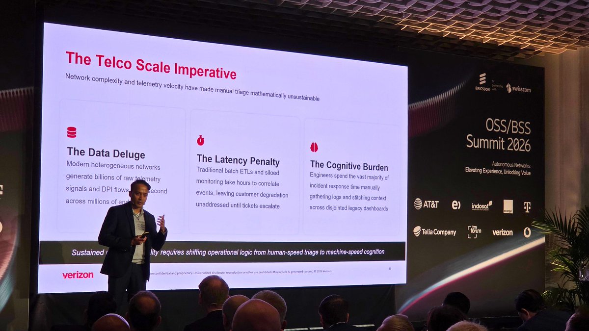 ericsson's tweet photo. Praveen Atreya from @Verizon with an insightful session on the journey to autonomy in cognitive closed-loop automation 🤖

#OSSBSSSummit2026 #NoNonsenseOSSBSS  #AutonomousNetworks https://t.co/yv19izpns3