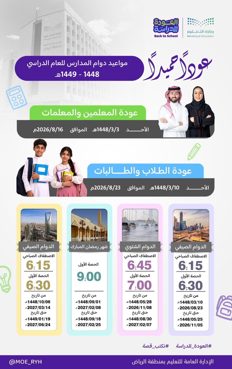 StandPoint223's tweet photo. الدوام الشتوي ||

إدارات التعليم ستبدأ بإعلان الدوام الشتوي تواليًا بحسب توقيت كل منطقة.

بعض إدارات التعليم سبق وحددت الدوام مع بداية العام الدراسي 1448ﮪ.

مُرفق صورة لمواعيد الدوام في إدارة:
تعليم الرياض
تعليم المدينة المنورة
تعليم مكة المكرمة

قد تتغير المواعيد بحسب كل إدارة. https://t.co/W3gm5UPUpd