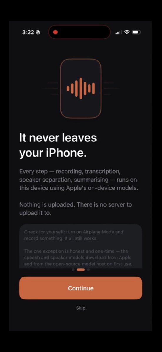 AppRadarAI's tweet photo. @ClaudeDevs Private by policy can change next year. Private by architecture can't.
Sotto records, transcribes, labels who said what and summarizes your meetings entirely on-device. No server to breach.
Unlimited and free.
https://t.co/BaVKax69yz
#PrivacyFirst #OnDevice #Productivity https://t.co/x24u9gCLXt