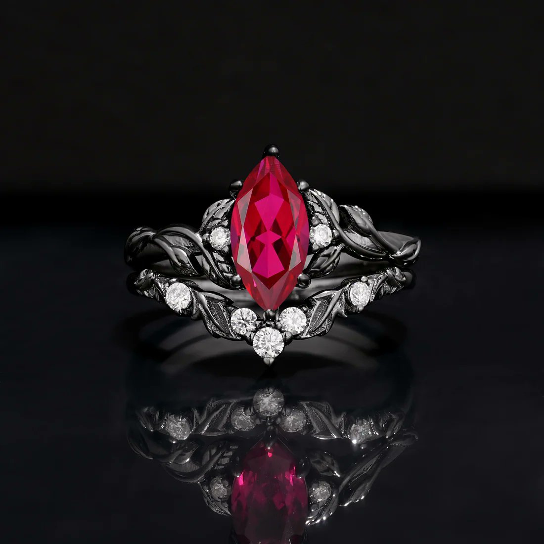 Romalarjewelry's tweet photo. Crimson enchantment. 🥀 A sharp marquise ruby framed by shadowed thorn leaves. This 2-piece bridal set is dark botanical romance sculpted in gold. 🖤❤️ #RubyRing #MarquiseRing #BridalSet #GothicBride #ROMALAR https://t.co/lCGuNfK87m