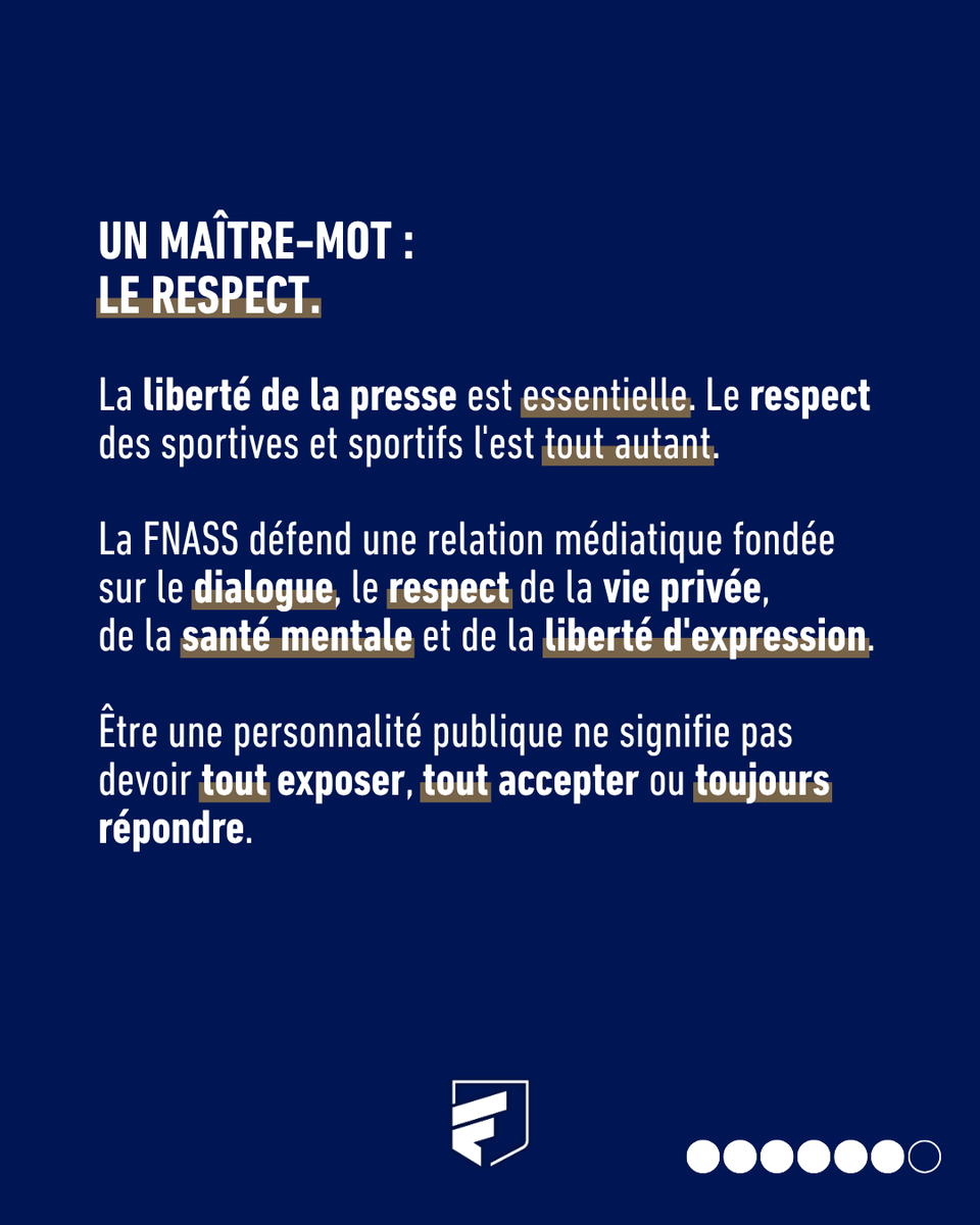 FNASS_'s tweet photo. La liberté de la presse est fondamentale. Le respect des sportives et sportifs l'est tout autant.

À la FNASS, nous défendons une relation entre médias et athlètes fondée sur le dialogue, le respect et la liberté d'expression.

#FNASS #SportProfessionnel #Médias #PresseSportive https://t.co/JZ69Nq3aTj