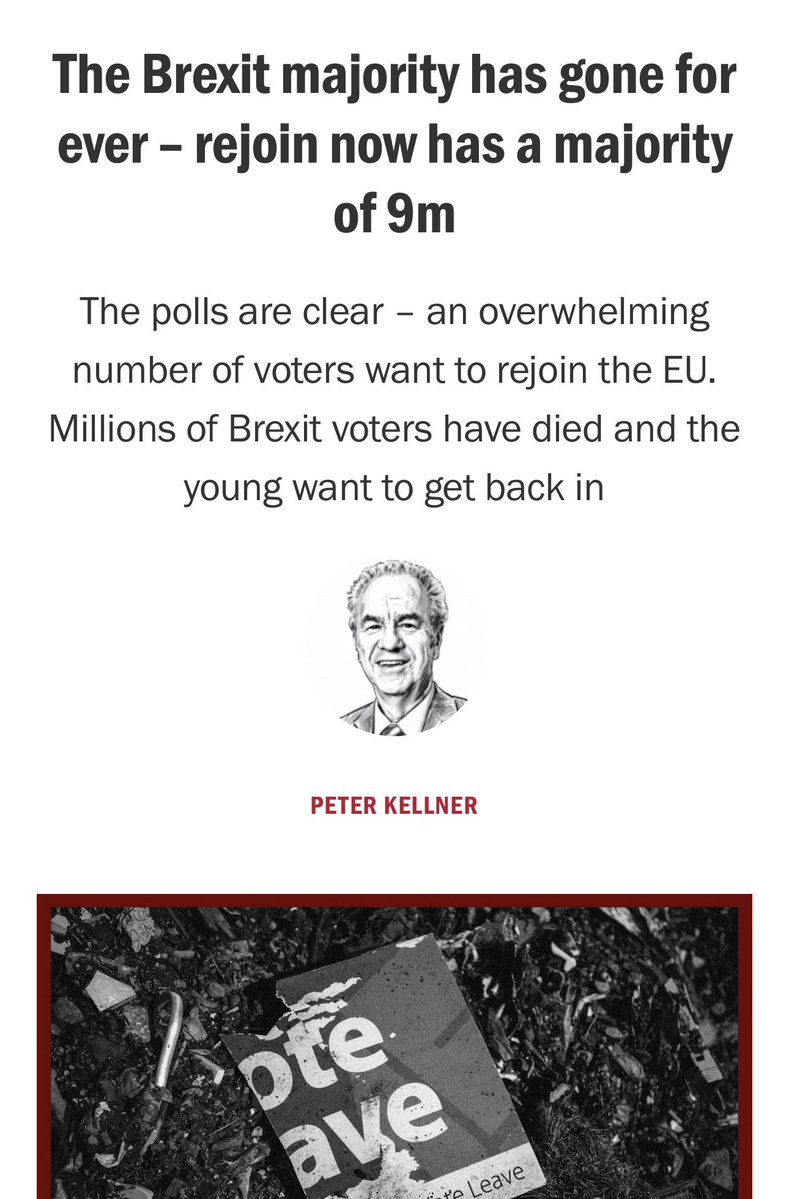 LizWebsterSBF's tweet photo. 🥳 The pro-EU majority continues to grow and deepen.

7m new voters have reached voting age since 2016 and oppose Brexit by about 5:1. 

Allowing for turnout, Peter Kellner estimates 3.5m new pro-EU voters versus 700,000 new pro-Brexit voters. 

Even if nobody from 2016 had changed their mind, that demographic shift alone would now produce roughly a 55–45 majority for EU membership.

Then add switching: around 5m voters have changed their minds, and roughly three-quarters of them moved from Leave to Rejoin.

Put together, Kellner arrives at:

🇪🇺 Rejoin 63%
🇬🇧 Stay out 37%

A majority of almost 9 million.