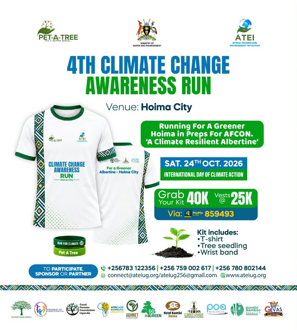 NatureTalk_A's tweet photo. #HoimaCity runs this Saturday, 24 October.  @NatureTalk_A is a partner in the 4th #ClimateChangeAwarenessRun, marking International Day of #ClimateAction. Join us to build a climate-resilient #Albertine with @ATEIUg @GoodForestsUg @GreenAghnet @youthgogreen @GoodForestsUg. https://t.co/zJunXQEw2y